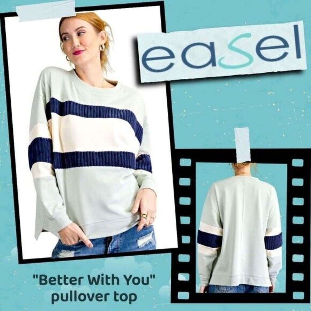 EASEL "Better With You" Comfy Striped Long Sleeve Tunic-Like Slouchy Sweater Top